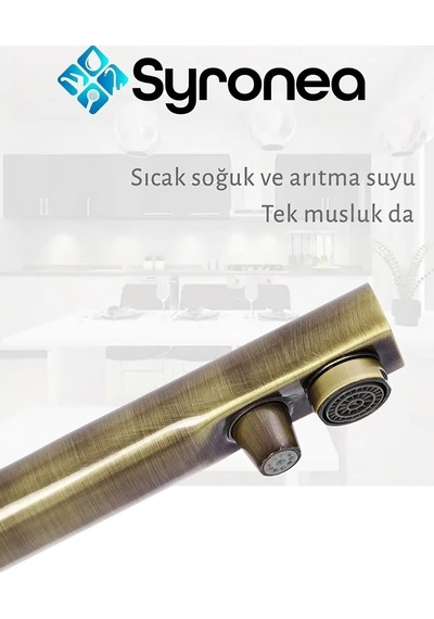Antik Renk Arıtma Çıkışlı Mutfak Eviye Bataryası 3 Yollu Sıcak Soğuk Ve Arıtma Girişli Musluk Antik
