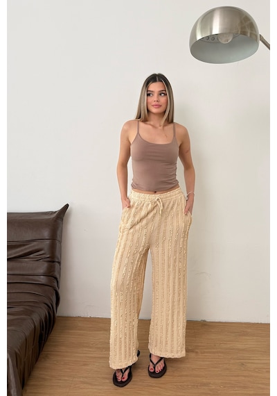 Giysa Kadın Beli Ayarlanabilir Fırfır Detaylı Çift Cepli Pantolon Bej - Ms0001626