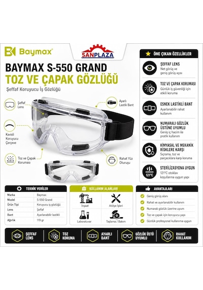 Ayrex S550 Grand Şeffaf Toz Çapak Koruyucu İş Güvenlik Gözlüğü Şeffaf Lens Ayarlanabilir Lastikli Laboratuvar