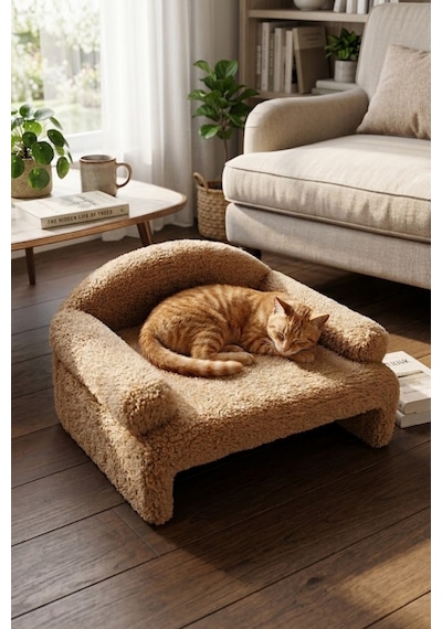 Reyo Pet Peluş Kedi Oturma Koltuğu Kedi Yatağı Kahve