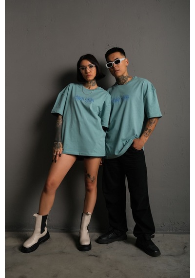 Noıssey Kod:ızeı - Unisex Oversize Rıtual Mavi Yıldırım Baskılı Pamuklu T-shirt P--1008 Yeşil