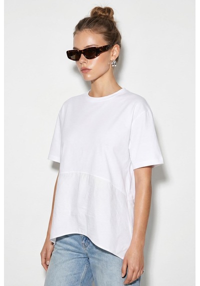 Shade Kadın Garnili Asimetrik Kesim Oversize Basic T-shirt 1069 60286252 - Beyaz