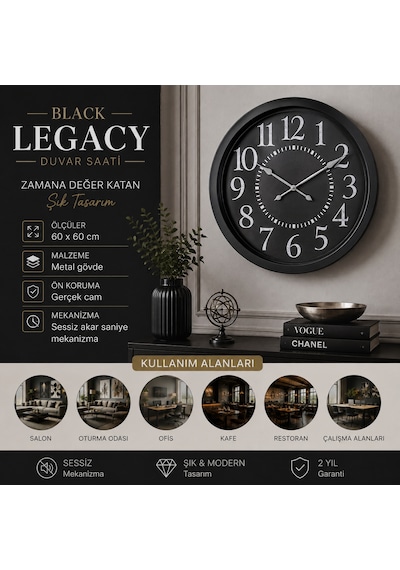 Black Legacy 60 X 60 Cm Metal Duvar Saati Siyah
