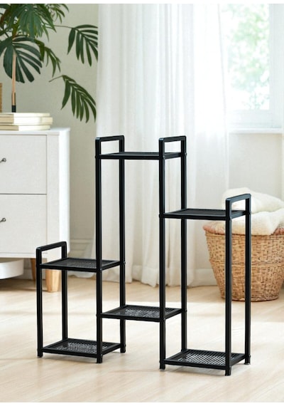 Dekoratif Metal 6 Raflı Saksılık Katlı Dikey Saksı Standı Çiçeklik Bahçe Ve Balkon Dekoru Garden Siyah