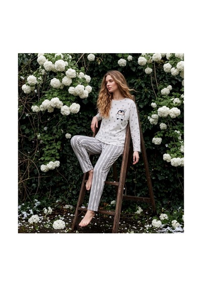 Pijamoni Kadın Sofya Kumaş Bisiklet Yaka Pijama Takımı Desenli Beyaz