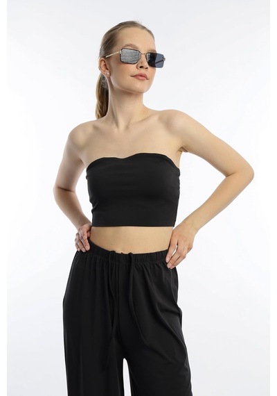 Quhox Kadın Allegro Kumaş Askısız Crop Top Siyah