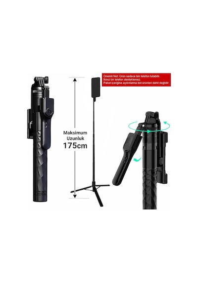 Bluetooth Selfie Çubuğu Ve Tripod, 360 Dönebilen Telefon Tutucu, Uzaktan Kumandalı, Maksimum 175cm, Katlanabilir V Genel