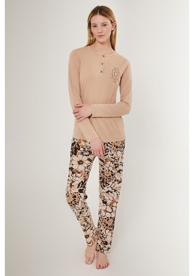 Arnetta 2642 Uzun Kol Kadın Pijama Takımı Bej V1 Bej