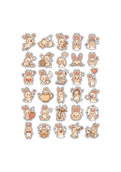 30 Adet Chibi Tavşan Sticker Seti - Laptop Telefon Ajanda Defter İçin Çok Renkli