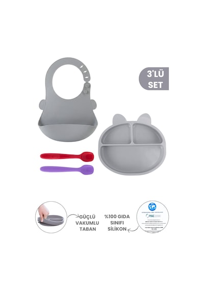 3'lü Silikon Beslenme Seti Bpa Free, Silikon Mama Önlüğü + Vakumlu 3 Gözlü Tabak + 2 Adet Kaşık