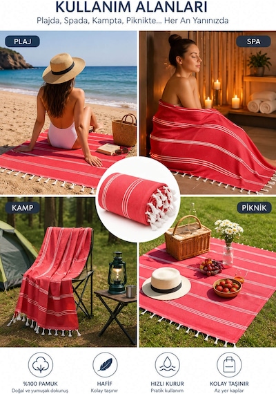 Sultan Peştemal Havlu 100 Pamuklu Deniz Plaj Banyo Peştemali 100x180 Cm Kırmızı