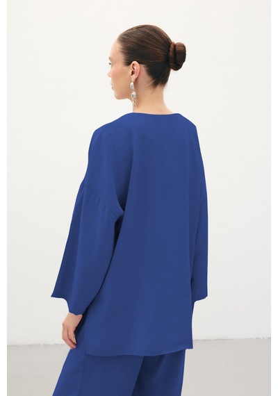 Sateen Düğmeli Kimono - İndigo-136358 İndigo