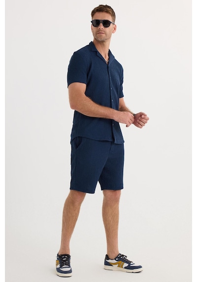 Tudors Erkek Slim Fit Dar Kesim Apaş Yaka Beli Bağcıklı İndigo Gömlek Şort Takım-37572 İndigo