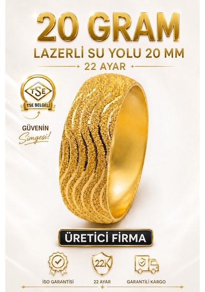 22 Ayar Tse Belgeli 20 Gram Lazerli Su Yolu Mega Altın Bilezik 20 Mm Ajda Gold Düğün Nişan