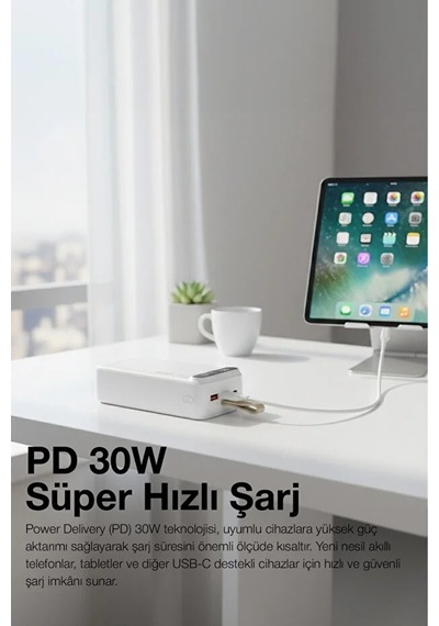 Hızlı Şarj Powerbank 30.000 Mah Taşınabilir Güç, Usb-c & Çift Çıkışlı Beyaz
