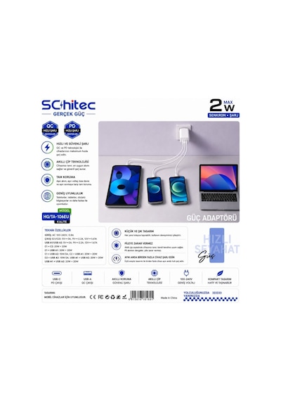 Schitec 100w 4 Çıkışlu 2 Type-c + 2 Usba Qc 3.0 Süper Hızlı Şarj Adaptörü Başlığı Hg/ta-106eu