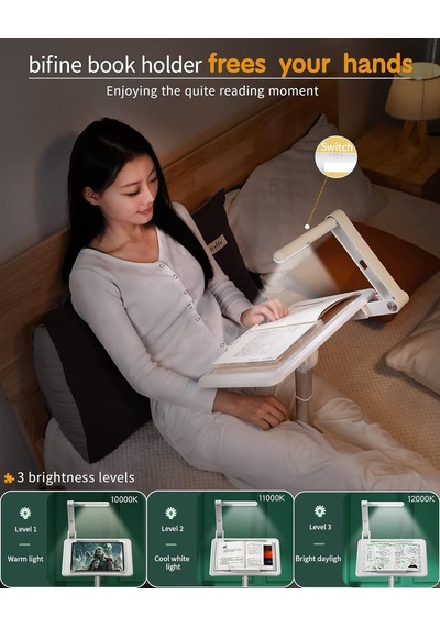 Gece Lambalı Kitap Okuma Standı 6 Kademeli Ayarlanabilir Açı, 55cm Yükseklik, Tablet & Laptop Uyumlu, Katlanabilir Dayanıklı Sayfa Klipsli Eller Serbest Okuma Tutucu Yd08