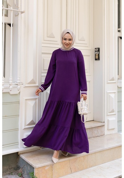 Hb Harma Time Butik Kadın Kat Kat Ribanalı Bordo Tesettür Elbise
