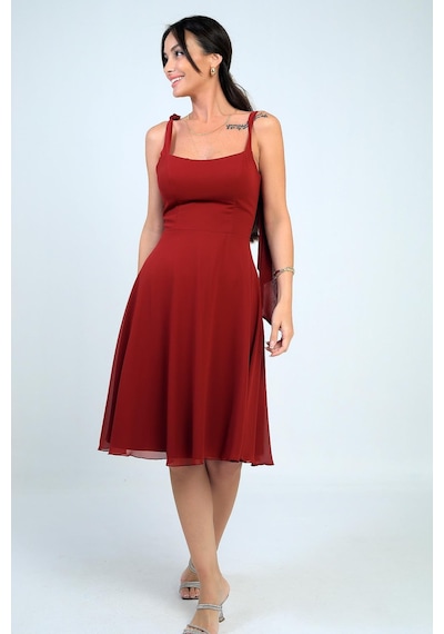 By Saygı Kadın Omuzu Bağcıklı Astarlı Kısa Elbise-41312 Bordo