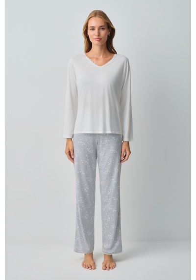 Suwen Griss Pamuklu Pijama Takımı Wsh10510158964 Gri Melanj