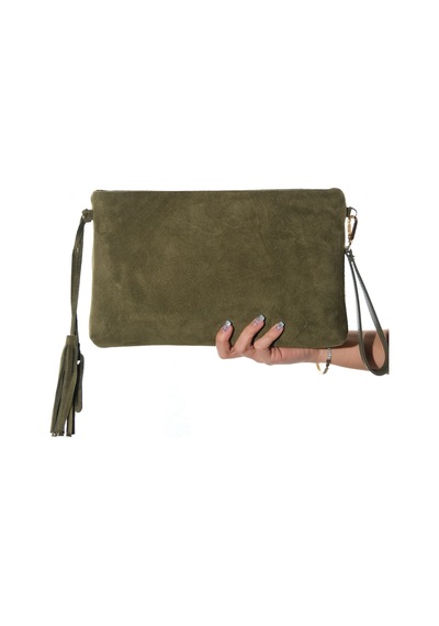 Morden Haki Süet Hakiki Deri Kadın Clutch Çanta