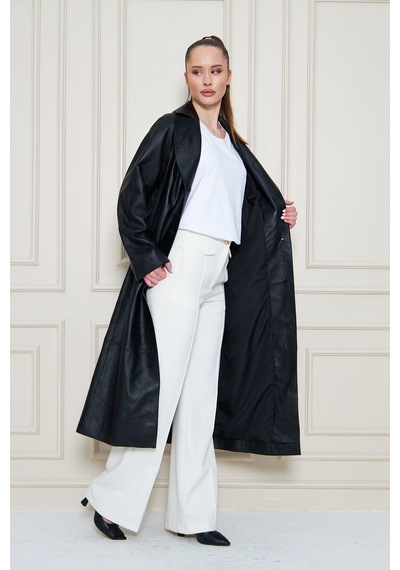 M M Marki Marki Kadın Hakiki Deri Trençkot Siyah, V Yaka, Kuşaklı, Düğme Kapamalı, Oversize, 120 Cm - 117222