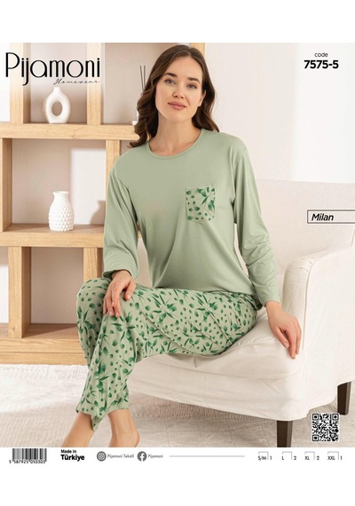 Pijamoni Kadın Milan Bisiklet Yaka Uzun Kol İnce Pijama Takımı 7575/5 - 1 Adet Yeşil