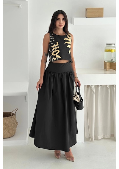 Asprin Fashion Varak Baskılı Crop&etek Takım Papertouch Kumaş Siyah