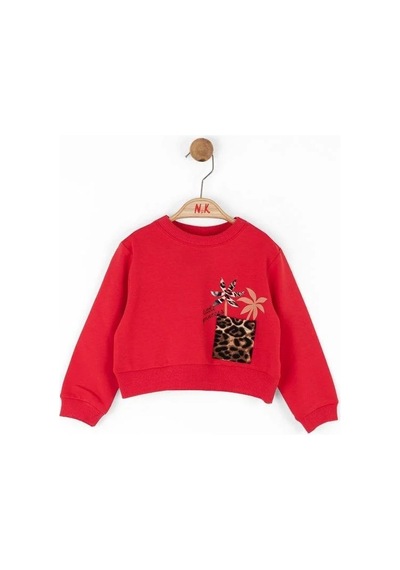 Nk Kids Kız Bebek Pamuklu Leopar Cep Detaylı Sweatshirt-14789 Kırmızı