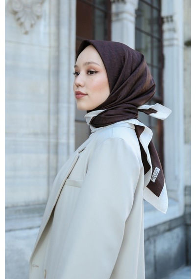Eşarp - Premium Lux Original Monogram Eşarp İpek Vual, Yüksek Kalite, Hafif, Rahat, Şık, Scarf Acı Kahve Krem Şeritli