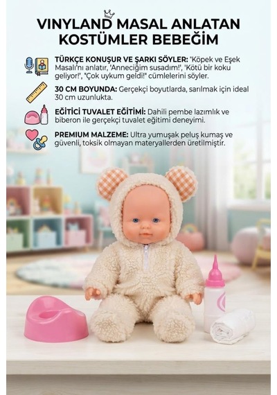 Masal Anlatan Ve Altını Islatan Kostümlü Bebek Kafası Kolları Et 30 Cm Lazımlık Ve Biberon Hediyeli