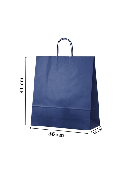 Elit Burgu Saplı Kraft Çanta Mavi Fsc Sertifikalı Kağıt Poşet Butik Hediye Torbası 36x12x41 Cm 50li