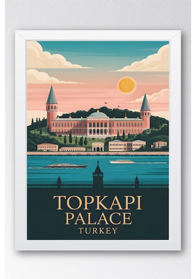 Topkapı Sarayı Tablo - Retro İstanbul Posteri - Osmanlı Mirası Duvar Dekoru - Çerçeveli İllüstrasyon Beyaz