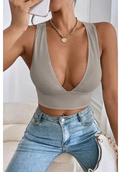Terapi Men Kadın Gri Çapraz Sırt Detaylı Crop Top Bluz Gri