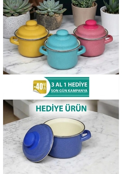 İtalyan Tasarım Emaye Mini Tencere Seti 12cm 900ml 3-renk Alana 1 Adet-bedava , Lüks Ve Çevre Dost Renkli