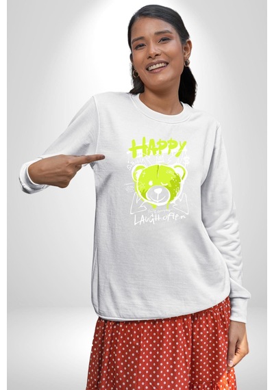 Sık Sık Mutlu Gülmek Teddy Bear Unisex Beyaz Sweatshirt Beyaz