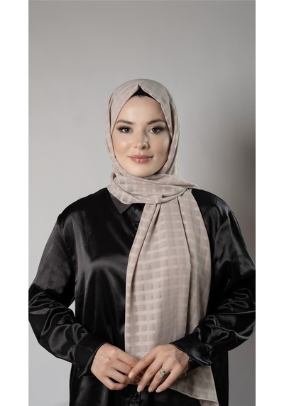 Hürrem Bone Somon Desenli Şal Şifon Kumaş Kareli Çizgili 202107 39 Somon