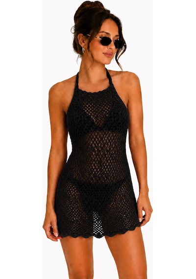 Neden Tekstil Ajurlu Sırt Dekolteli Transparan Beachwear - Mini Plaj Elbisesi - Siyah