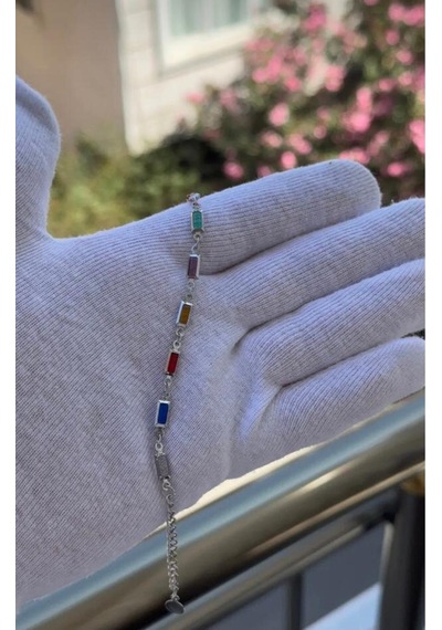 Kadın Gümüş Renk Renkli Zirkon Taşlı Özel Tasarım Bileklik 18 Cm Gümüş