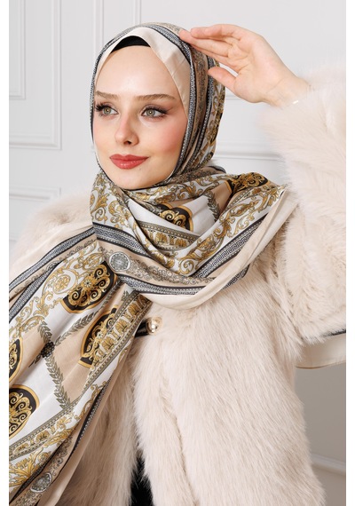 Sevitli Versace Desenli Hint İpeği Şal-krem-4536