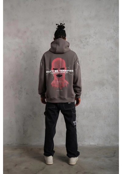 Novalisse Erkek 3 İplik Pamuklu Kapüşonlu Baskılı Cepli Oversize Sweatshirt Hoodie - Gri Çoklu Renk