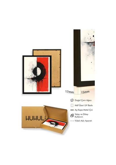 Doğal Ahşap Çerçeveli Soyut Geometrik Desenli Tablo - Canlı Tonlar Huhu1237