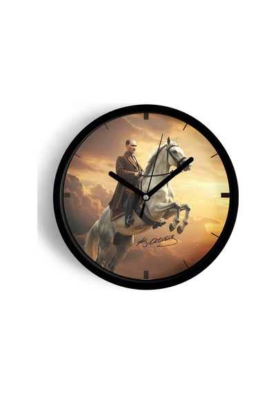 Mustafa Kemal Atatürk Tasarımlı Modern Duvar Saati - 25cm - Önü Camlı Siyah Kasa - Sessiz Mekanizma-jh0996 Siyah
