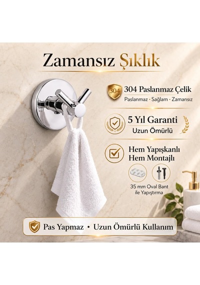 Lexroo Bornoz Havlu Askısı, 304 Paslanmaz Çelik, Krom Kaplama İkili Askılık Çok Renkli
