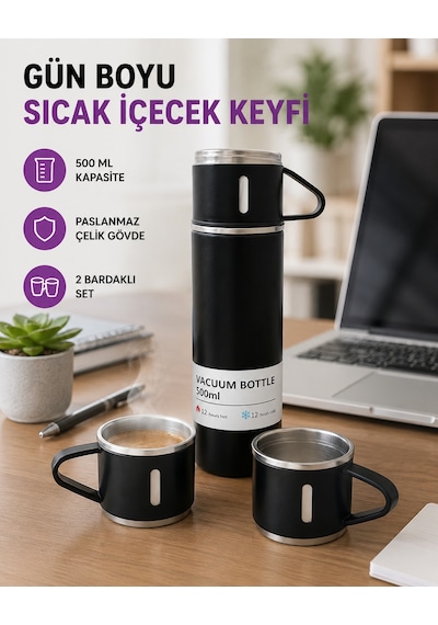 500 Ml Isı Korumalı Çelik Termos Ve Bardak Seti Silikon Tabanlı, Şık Ve Pratik Çokrenkli