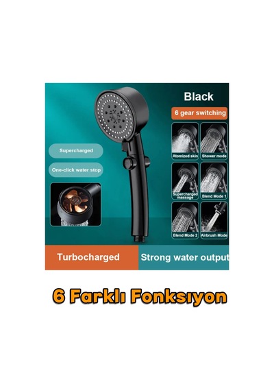 Turbo Fan Pervaneli 5 Fonksiyonlu Star Stop Su Tasarruflu Duş Başlığı Pervaneli Turbo El Duşu Siyah Çok Renkli