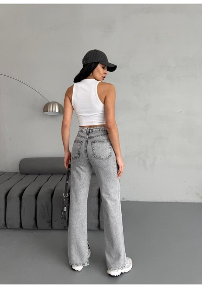 Yırtmaç Detaylı Boru Paça Grey Snow Wash Jean Gri