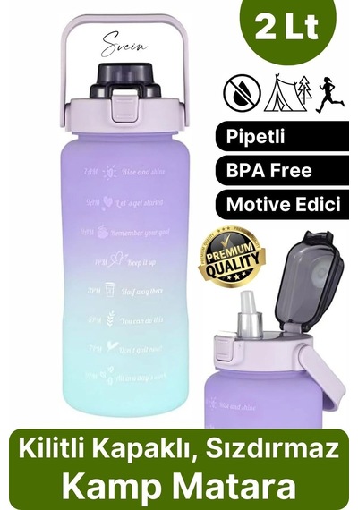 Premium 2 Lt Pipetli Kilitli Sızdırmaz Kapaklı Kamp Sağlıklı Motivasyon Suluk Matara Spor Su Şişesi