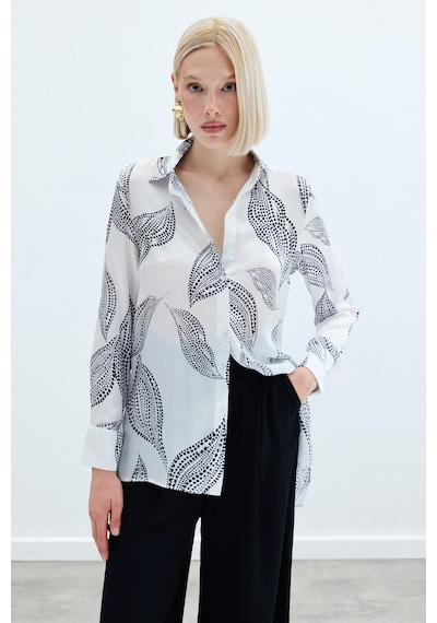 Sateen Arkası Uzun Desenli Gömlek - Ekru-136236 Ekru