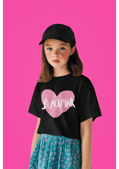 Sevbano Blackpink Kalp Temalı Baskılı Unisex Müzik Grubu Çocuk Tişört 1- Siyah